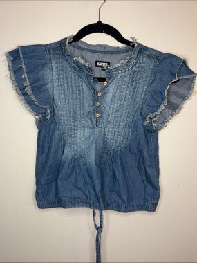 Katie J NYC Light Blue Denim Pintuck Button Front Blouse